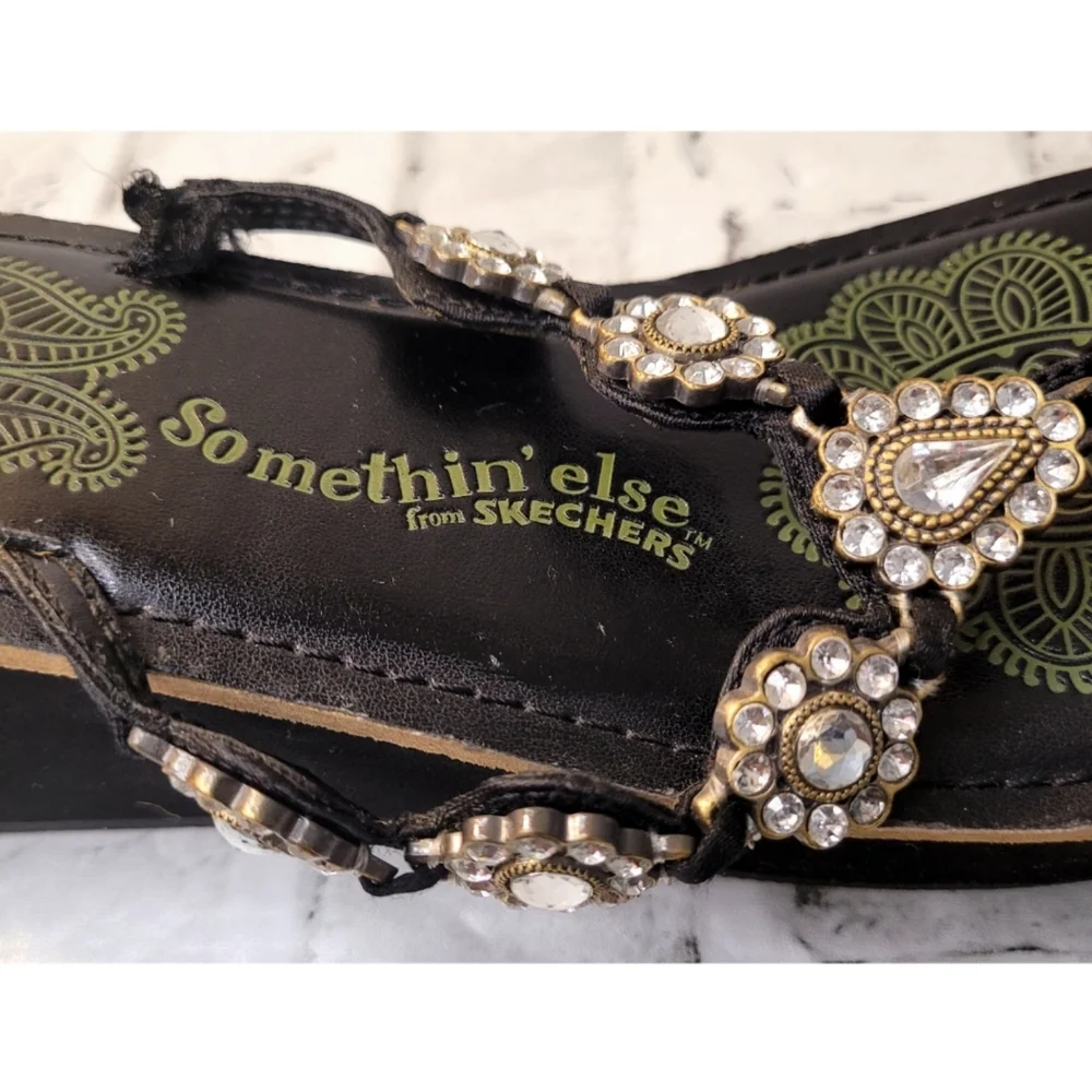 Skechers Shoes Womens Size 9.5 Cali Somethin Else Rhinestone Wedge Black Sandals